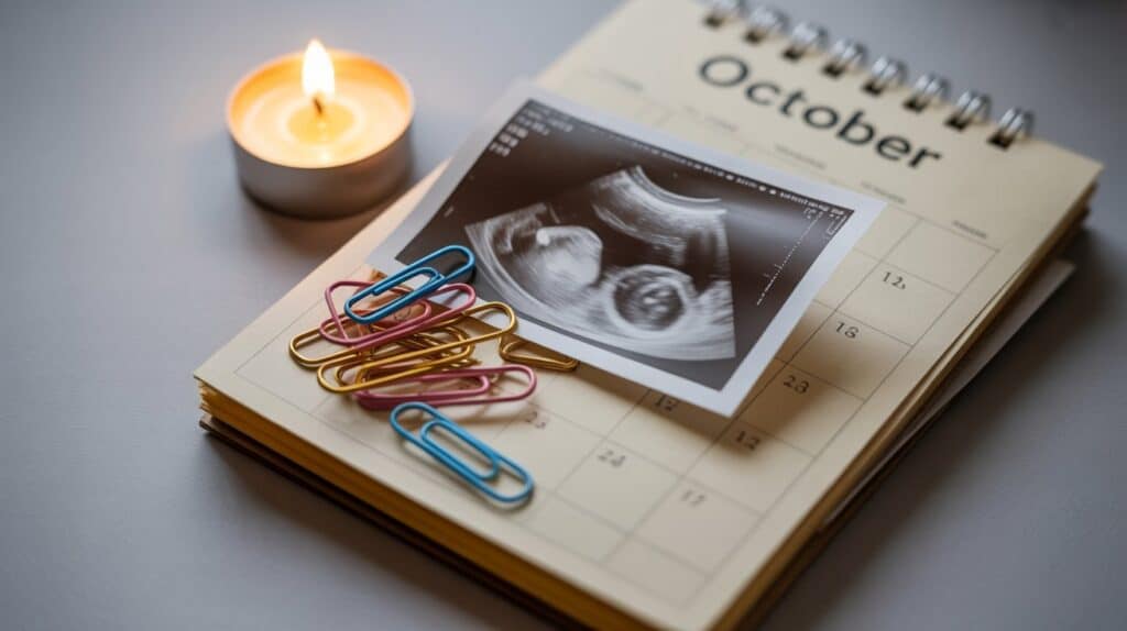 Ultrasound atop calendar with rainbow clips and candle, reflecting emotional decision weight.