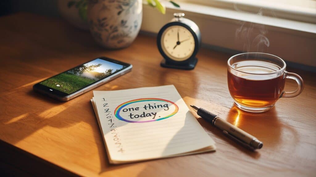 To-do list with one rainbow-highlighted task and tea, encouraging manageable progress.