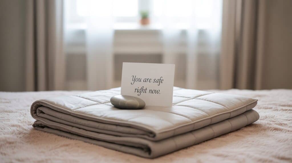 Weighted blanket and calming tools arranged with supportive affirmation card.