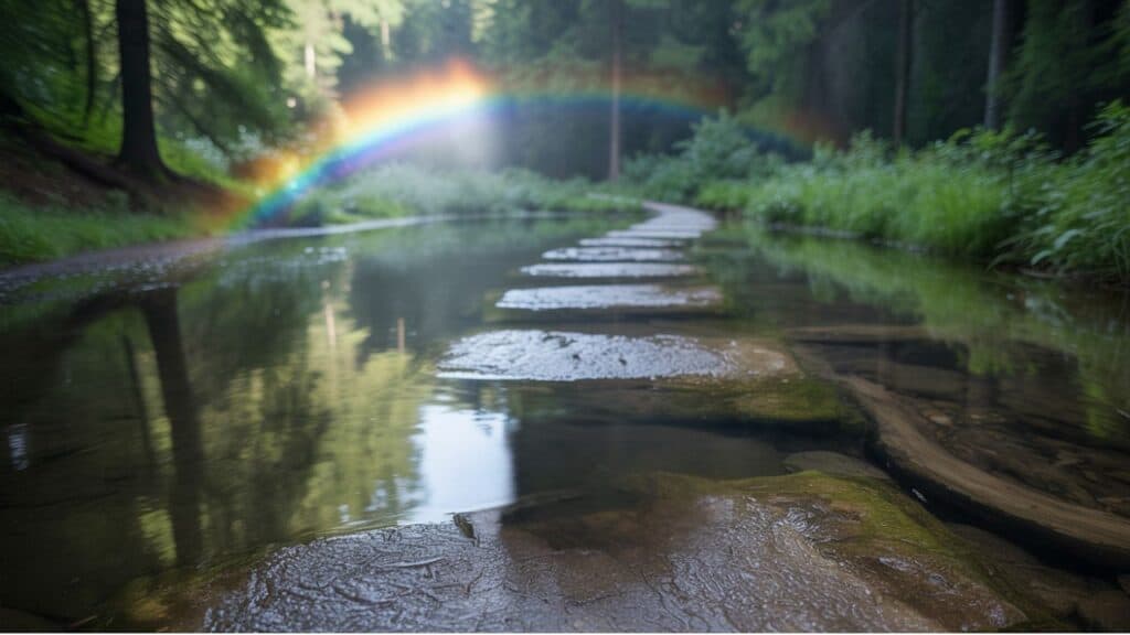Trail with rainbow light symbolizing a personal journey through pregnancy after loss.