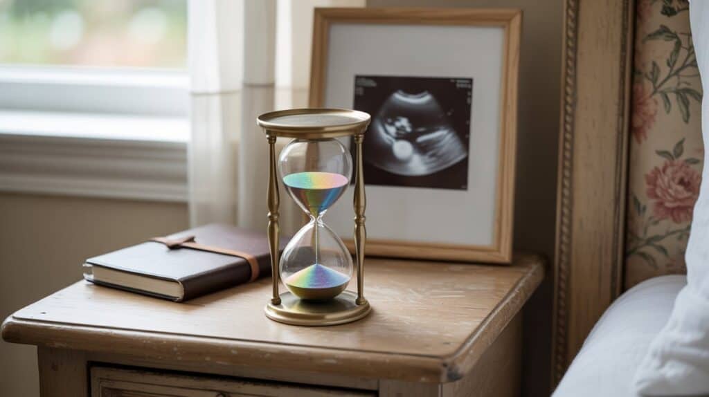 Hourglass beside sonogram and journal on a bedside table, symbolizing shifting time in pregnancy.
