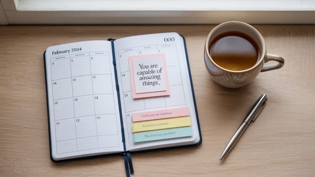 Planner with rainbow sticky notes and calming tea setup for rainbow pregnancy planning.