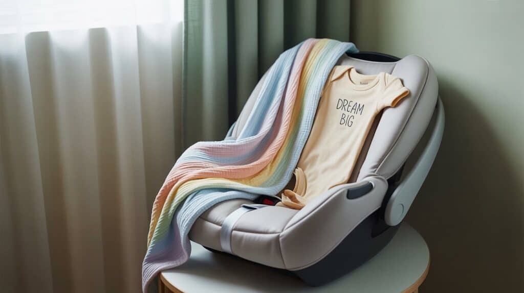 Minimal nursery with car seat and rainbow blanket, symbolizing essential baby prep.