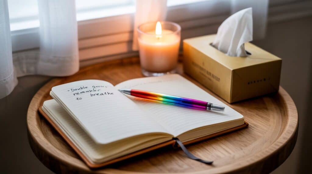 Journal with rainbow pen and tissues in calming corner for emotional support.