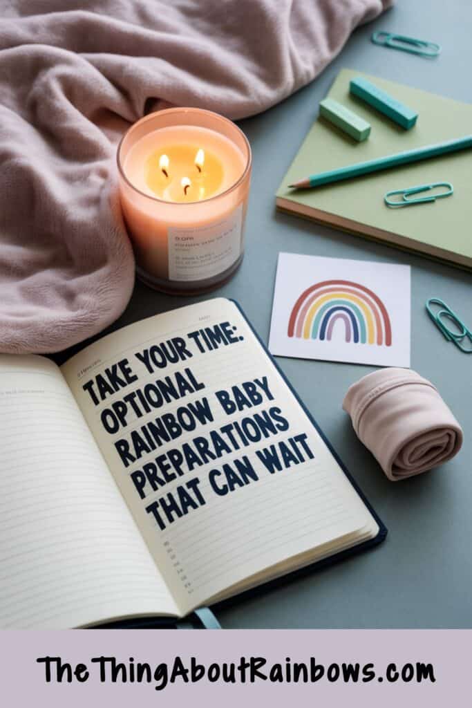 Flat lay of notebook and baby prep items for rainbow pregnancy