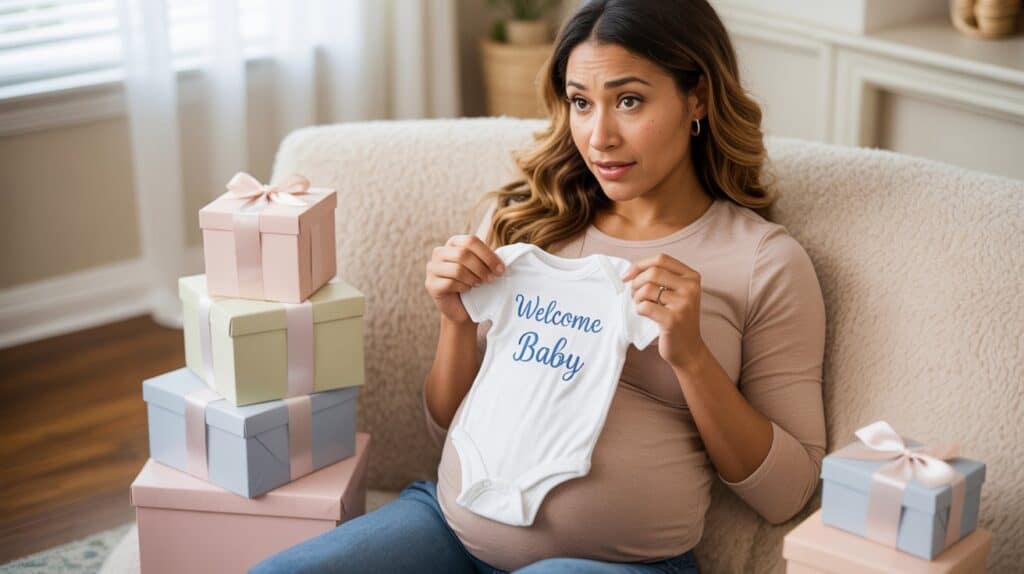 Person gently holding baby onesie, sitting with boxes while considering preparations