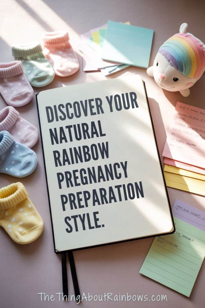 Journal with rainbow pregnancy title, pastel socks, and notes—representing emotional and gentle preparation style for rainbow pregnancy.