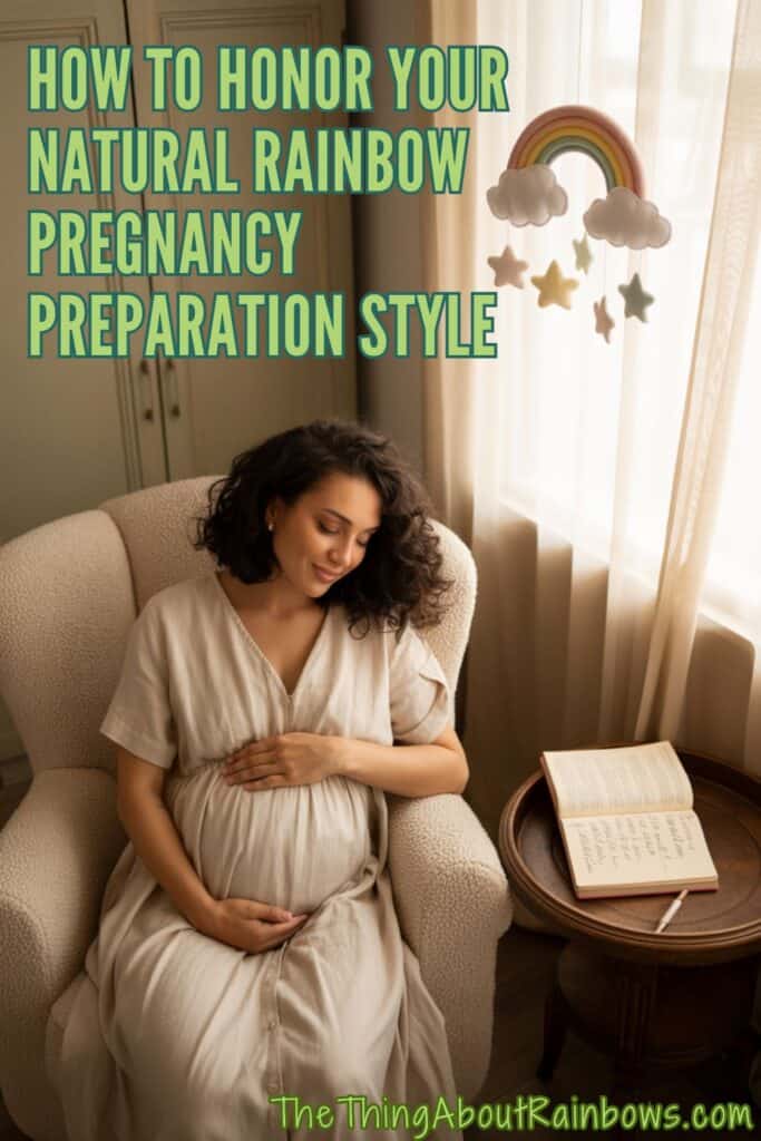 Pregnant woman resting in a chair near journal and rainbow mobile, symbolizing calm and reflective rainbow pregnancy preparation.