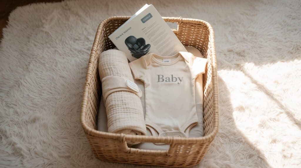 Basket with basic baby gear essentials on soft rug, conveying minimalist prep style