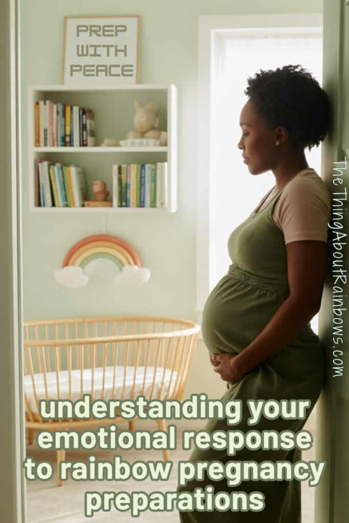 Pregnant woman stands in rainbow-decorated nursery, reflecting the emotional range of rainbow pregnancy preparation styles.
