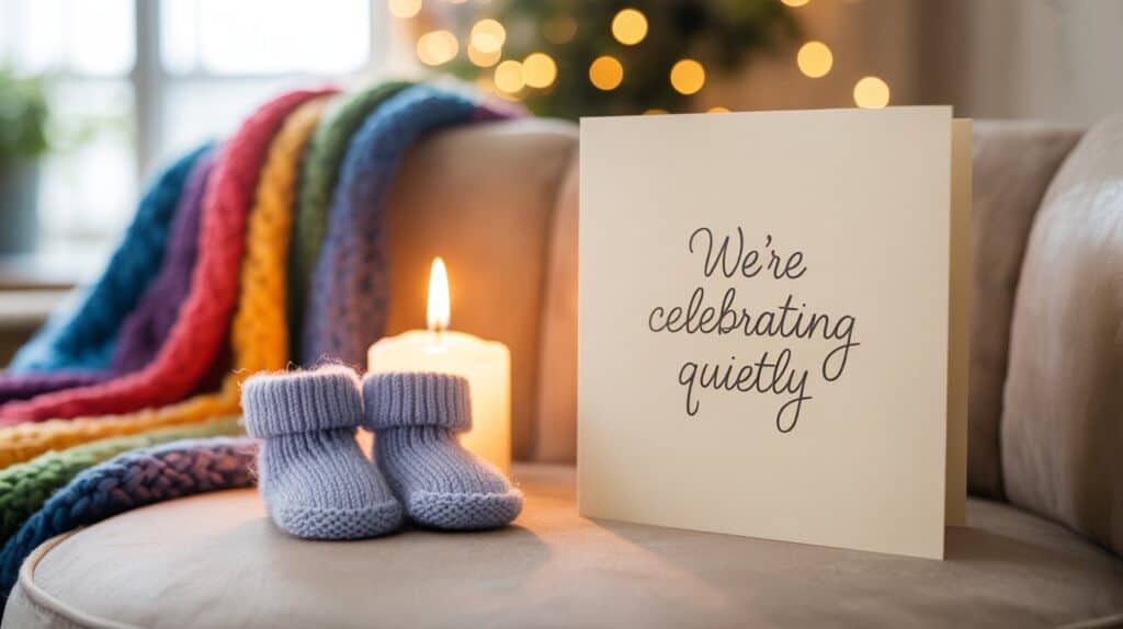 Intimate setup with baby socks and quiet note honoring low-key rainbow pregnancy celebration