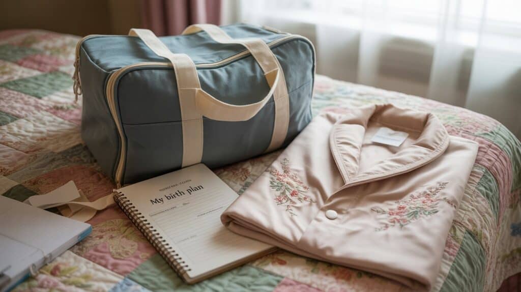 Partially packed hospital bag with robe and notes for gentle, minimal birth prep