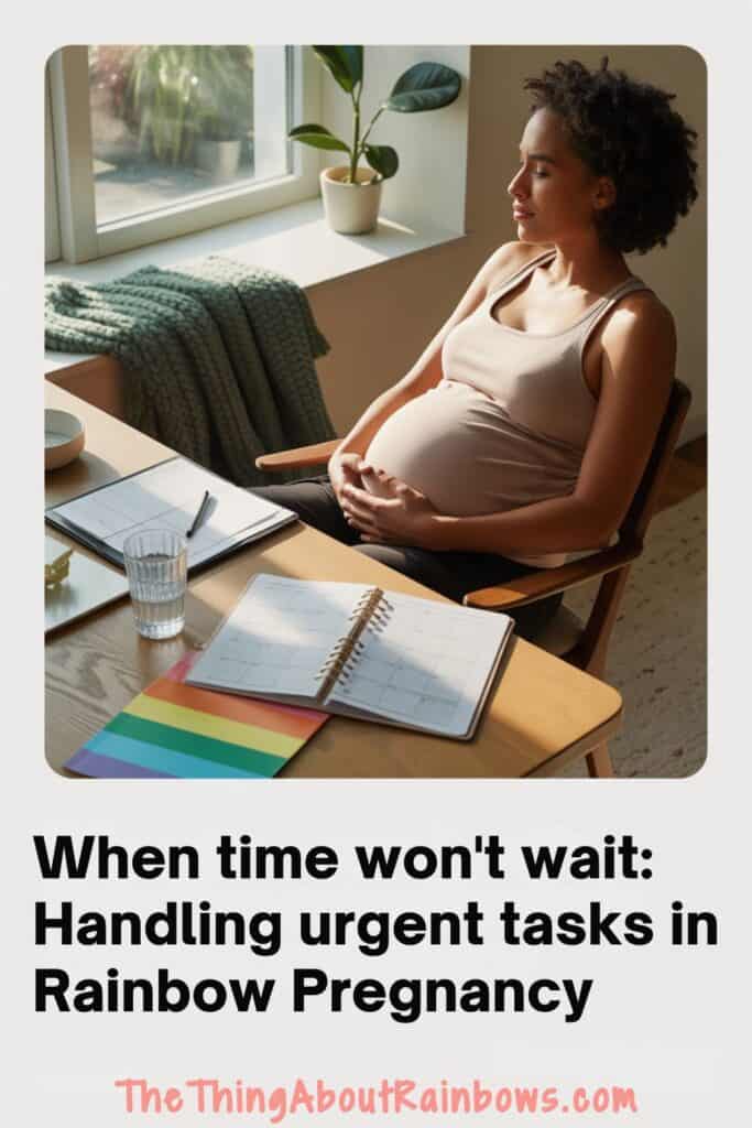 Pregnant woman sits near a planner and rainbow notebook, preparing for urgent tasks during rainbow pregnancy.
