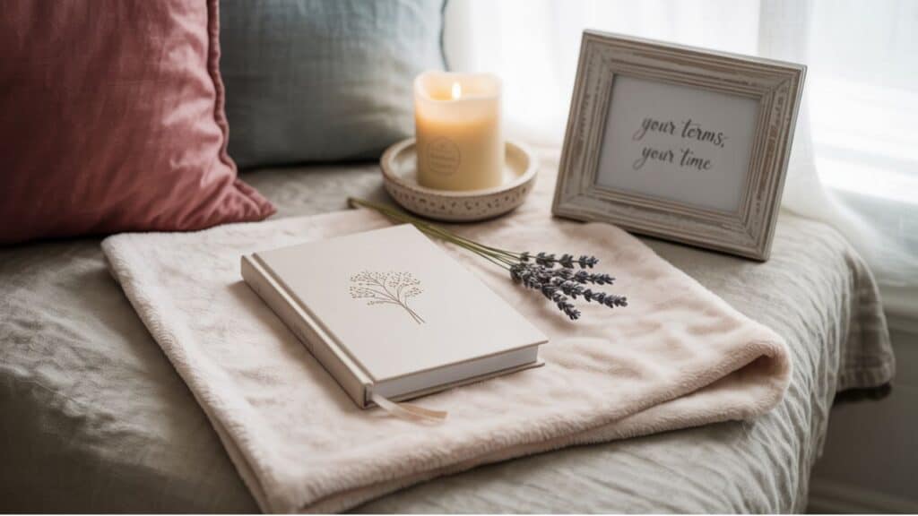 Soft rainbow-toned baby items and journal flat lay with comforting quote in cozy setting