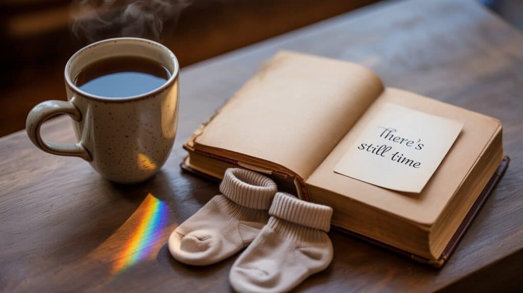 Soft corner scene with tea, note reading “there’s still time,” and baby socks beside a rainbow glow