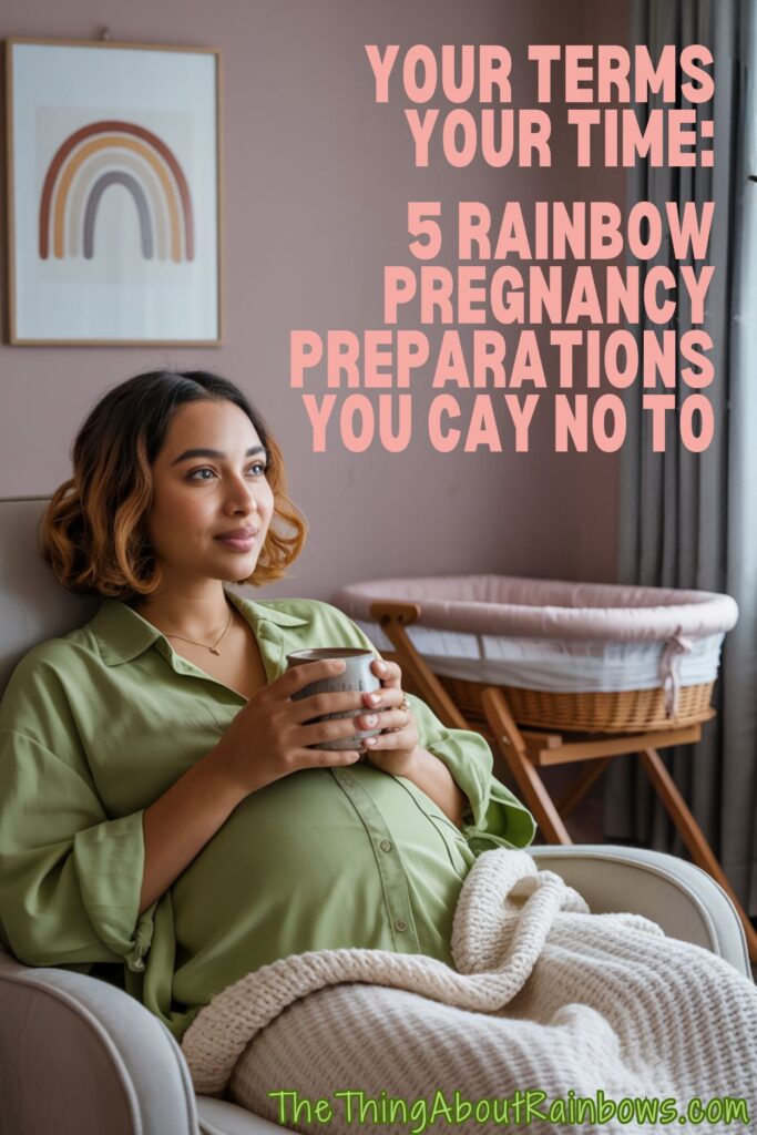 Pregnant woman relaxing with mug in nursery during rainbow pregnancy