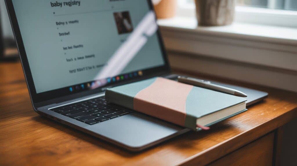 A laptop sits on a sunlit desk near a window, open to a baby registry page, journal on top indicating a break
