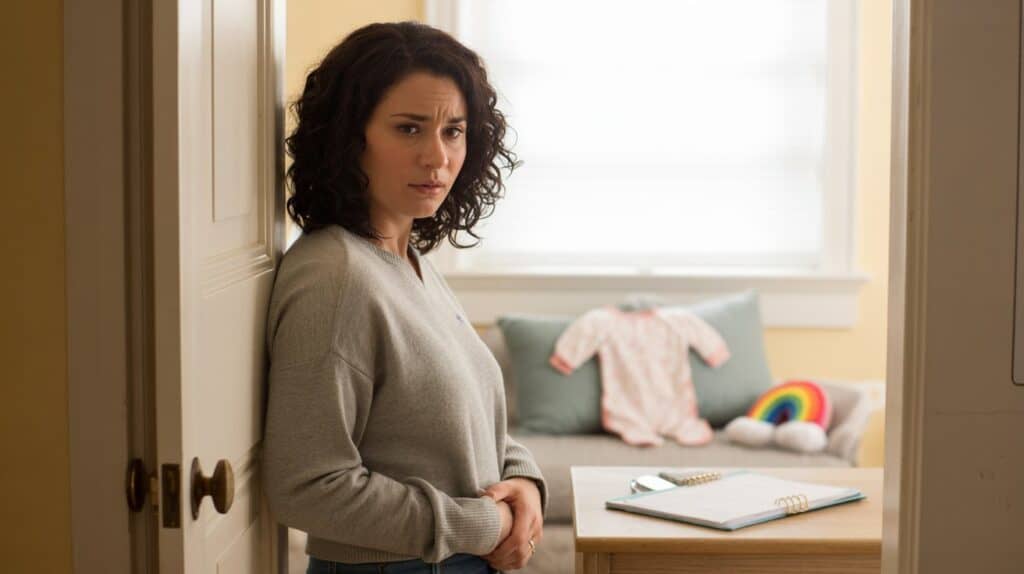 Pregnant woman looking at partially completed baby prep in a homey space during rainbow pregnancy