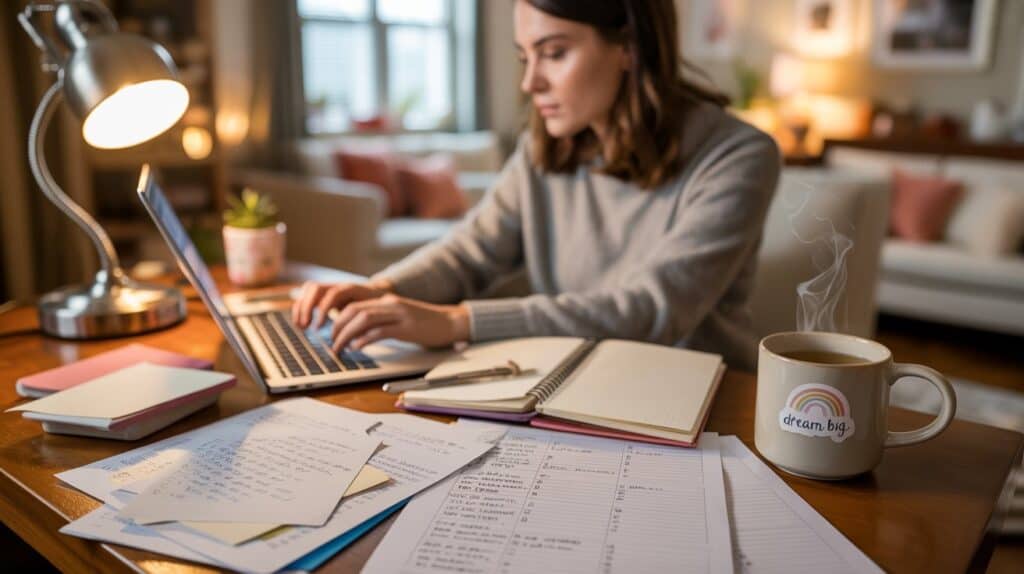 Pregnant woman researching baby items with notes and checklists for rainbow pregnancy preparation