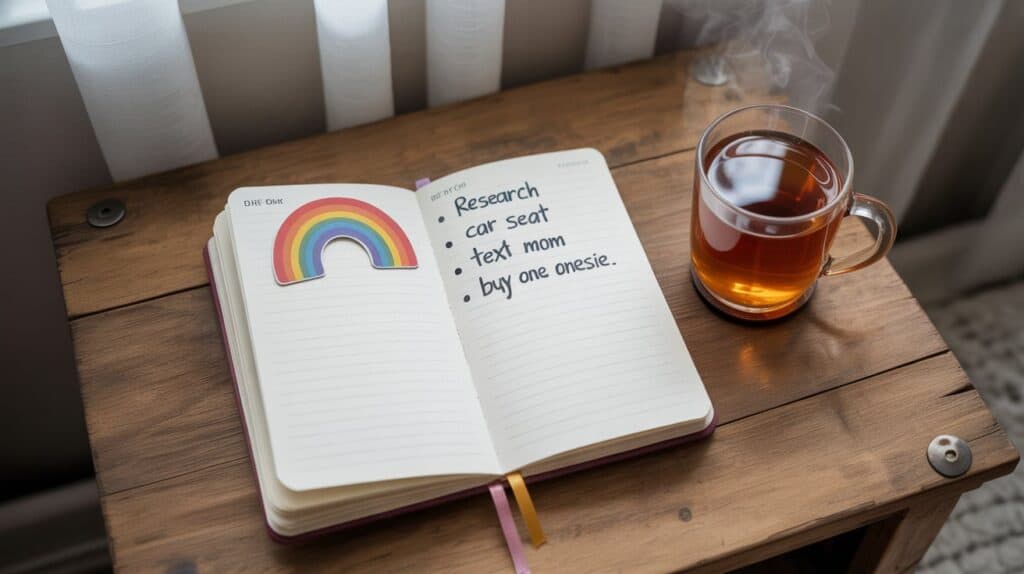 Overhead view of journal with micro-prep pregnancy after loss tasks, cozy desk, rainbow sticker