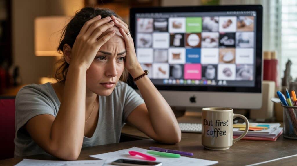 Frustrated parent reviewing baby products online for rainbow baby registry