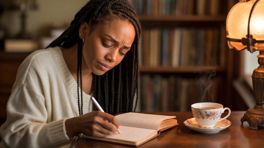 woman with worried look on her face writes in a journal at a desk with a lamp, steaming tea nearby