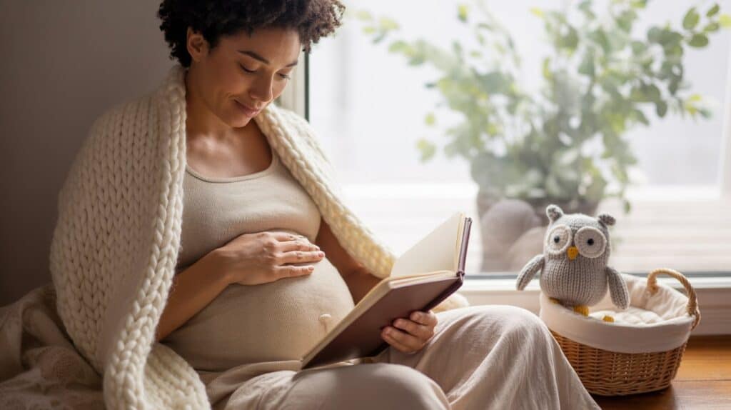 Pregnant woman journaling quietly with baby items nearby, honoring her emotional space