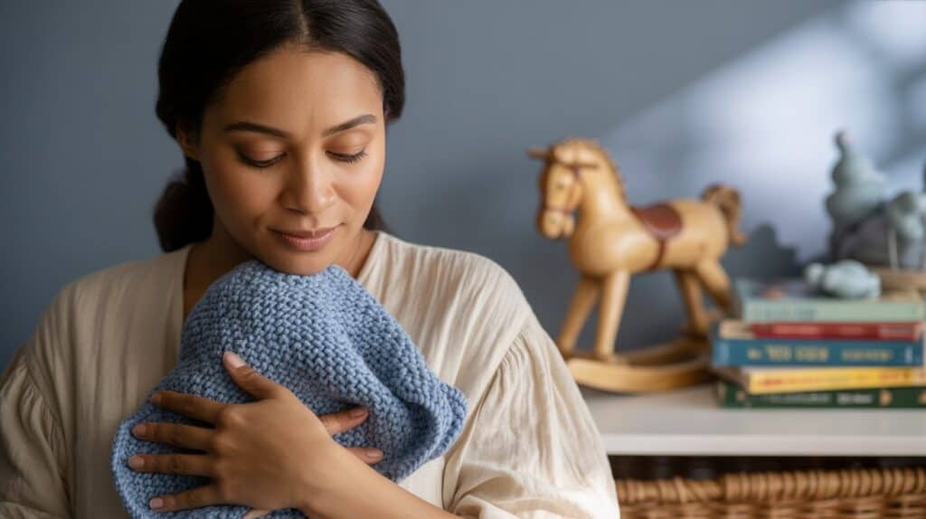 Woman holding a knitted baby blanket to her heart in a nursery, honoring tender memories during rainbow pregnancy.
