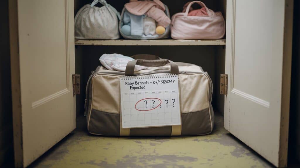 hospital bag, calendar with circled due date, and baby items tucked away in a closet out of sight of rainbow pregnant mom