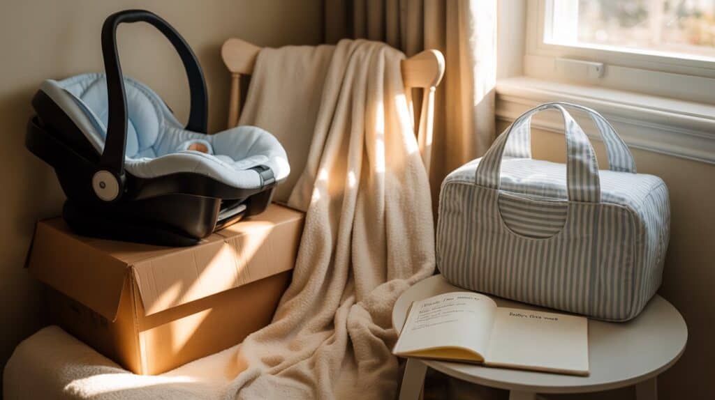 Hospital bag, baby car seat on box, and open journal in soft light capturing late pregnancy preparation tension and emotional readiness.