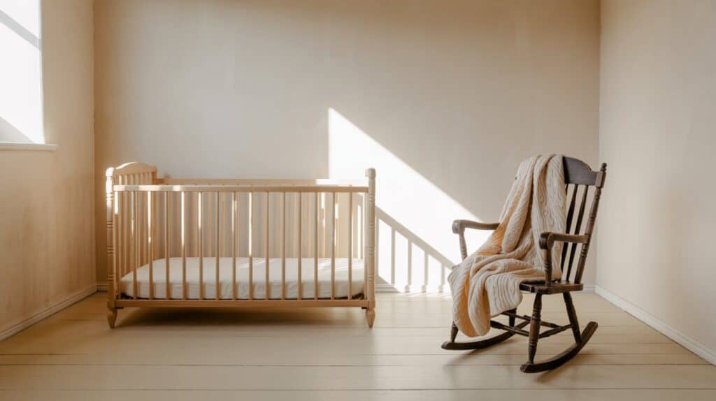 mostly empty nursery with only a crib and a rocking chair