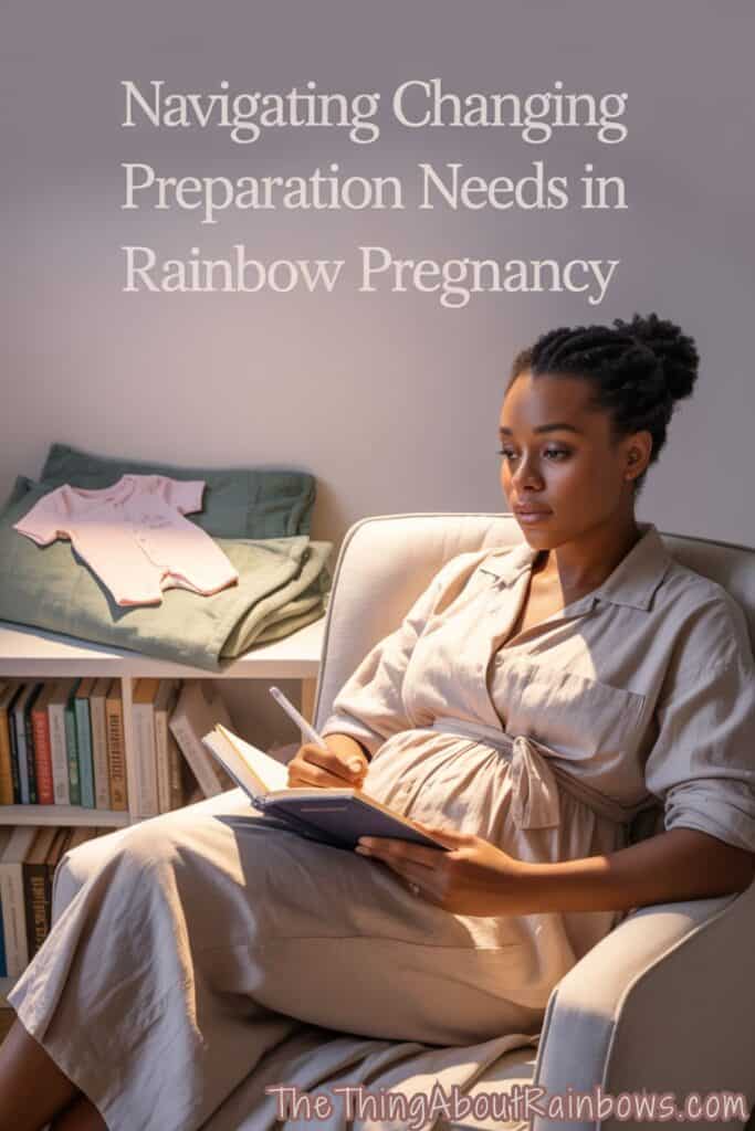 Pregnant woman journaling in cozy corner with baby clothes nearby, processing emotional shifts in rainbow pregnancy prep.