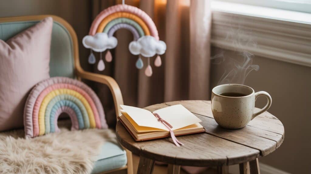 Soft rainbow nursery corner with journal, steaming mug, and cozy textures symbolizing calm in rainbow pregnancy preparation.