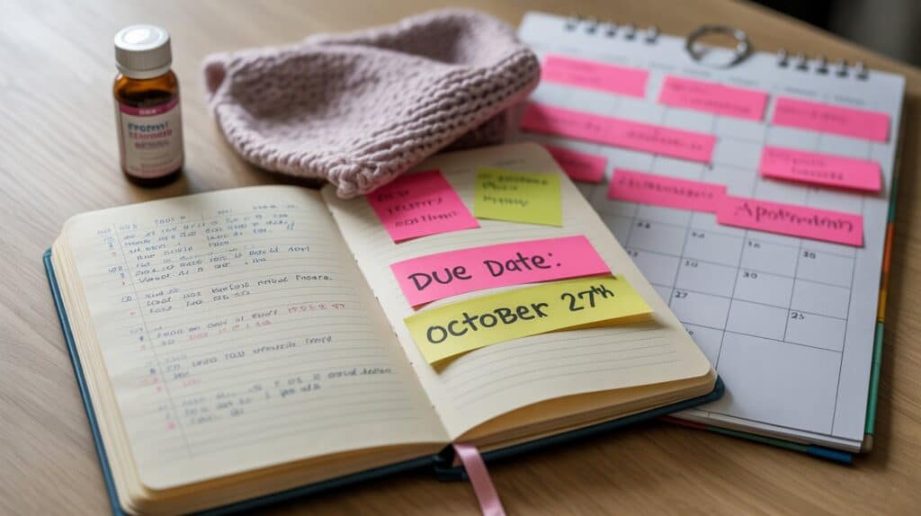 Pregnancy journal covered in notes and appointments from anxious planning sits on a desk with a calendar and prenatal vitamins
