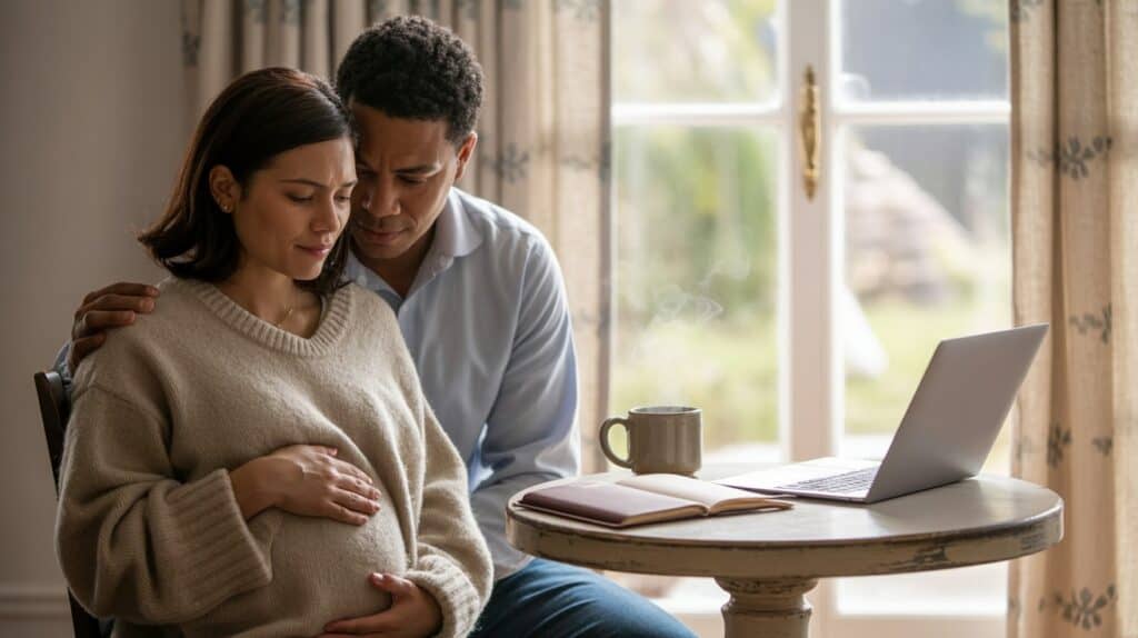 Pregnant woman and supportive partner sitting together with journal, laptop, and tea, showing partner support in rainbow pregnancy planning.