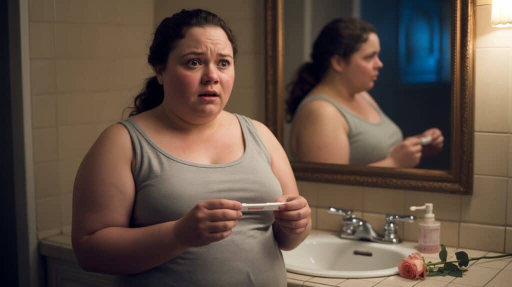 Woman in bathroom holding positive test, frozen in denial due to previous pregnancy loss