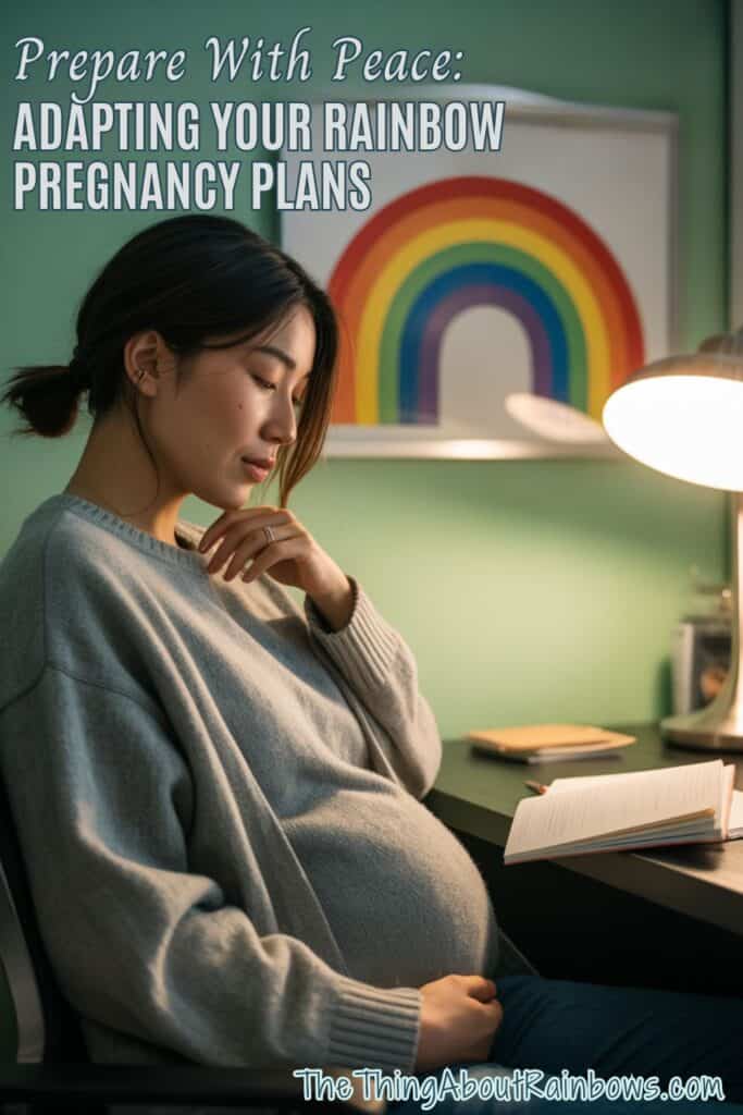 Pregnant woman writing at desk under warm light with rainbow art, representing peaceful prep shifts in rainbow pregnancy.