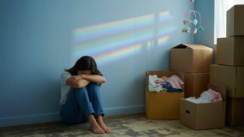 Woman sitting on the floor beside baby boxes and a rainbow reflection, overwhelmed by grief during pregnancy preparation.