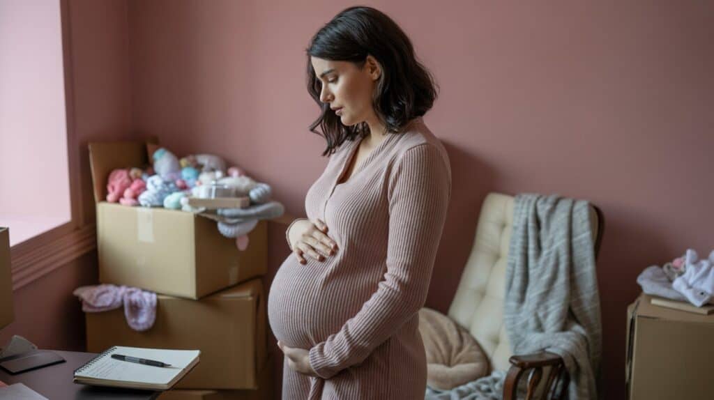 Soft-lit nursery with baby items still in boxes and pregnant woman reflecting on rainbow pregnancy