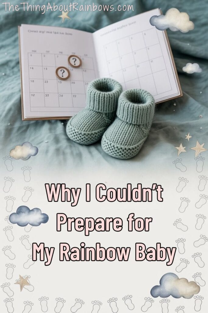 Baby booties and calendar with question marks on dreamy background—reflecting anxiety and hesitation in rainbow pregnancy planning.
