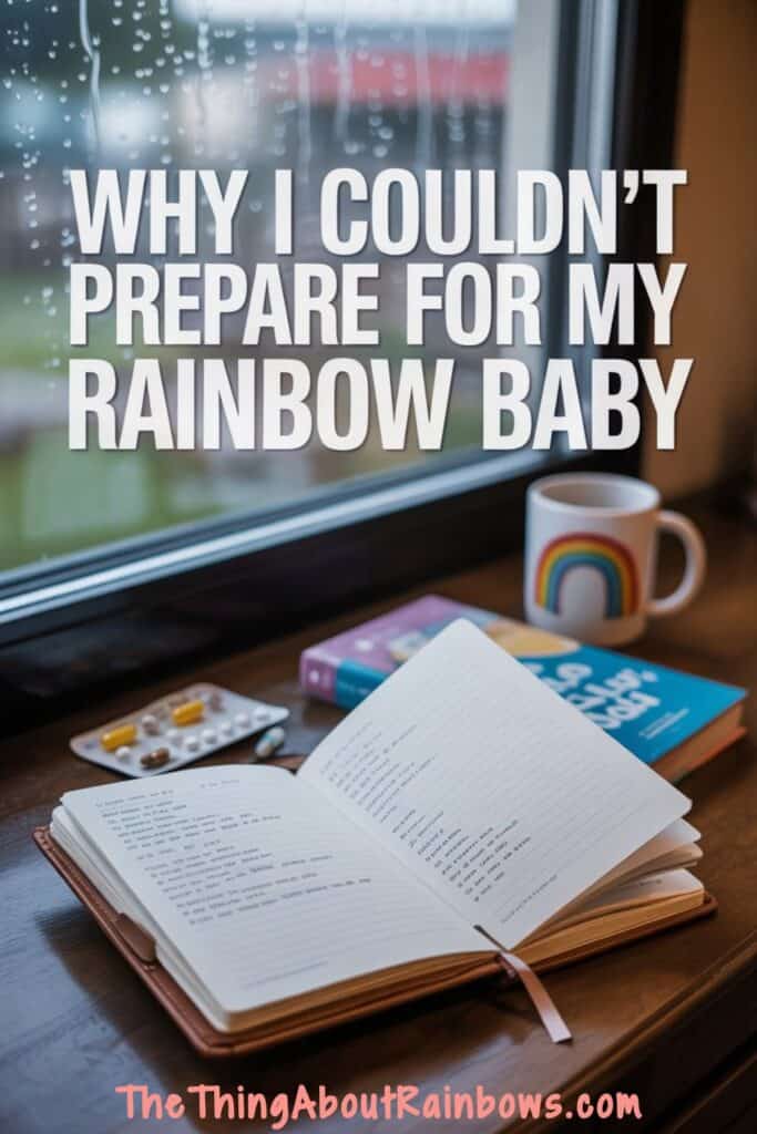 Pin image showing rain on a window, a journal, some books and a mug with a rainbow on it symbolizing the difficulty of preparing for a rainbow baby