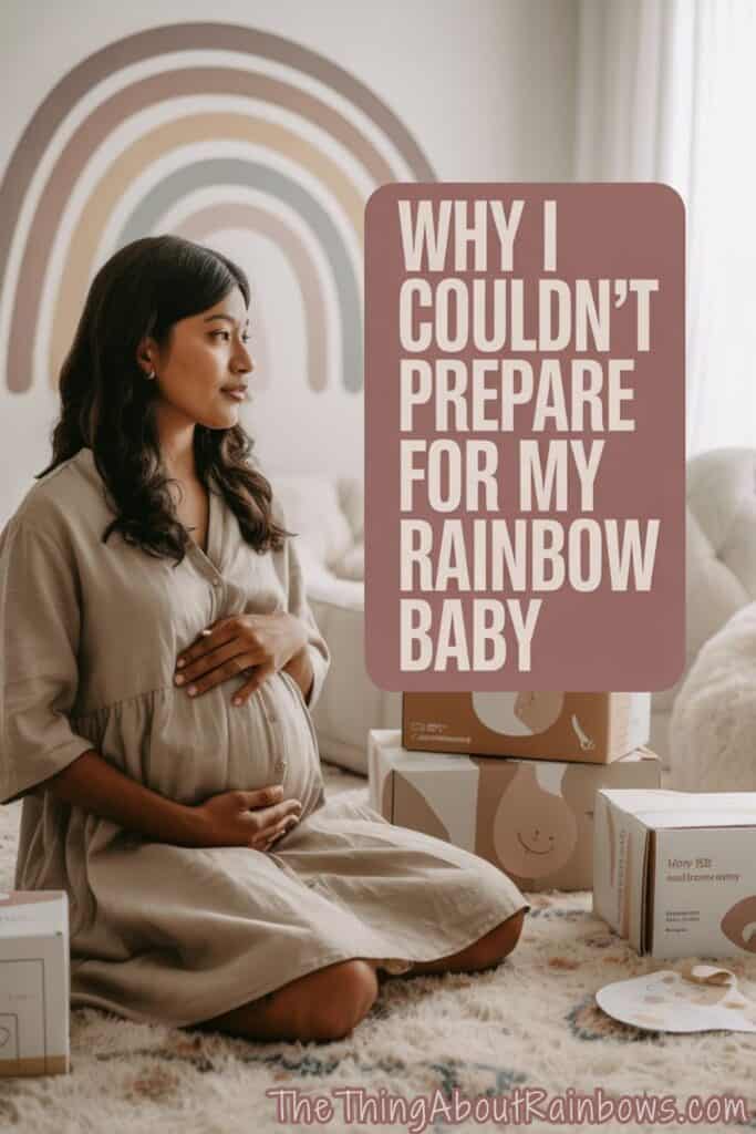Pregnant woman sits with baby boxes and rainbow mural, reflecting fear and emotional blocks during rainbow pregnancy.