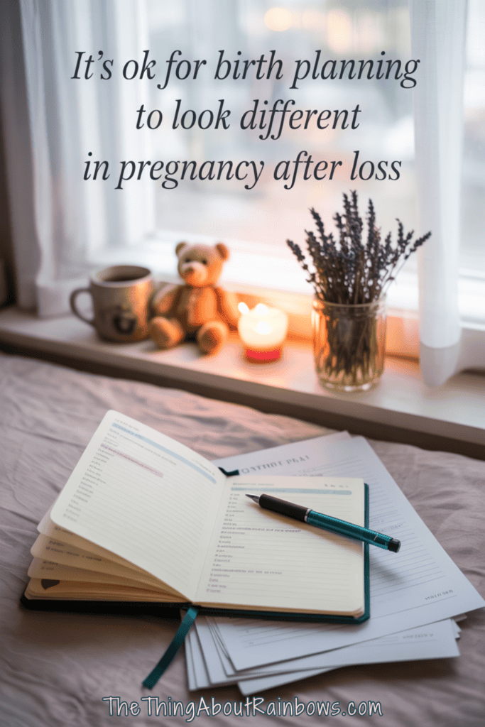 Open birth plan journal on a bed near candle, teddy bear, and lavender, symbolizing gentle birth prep after pregnancy loss