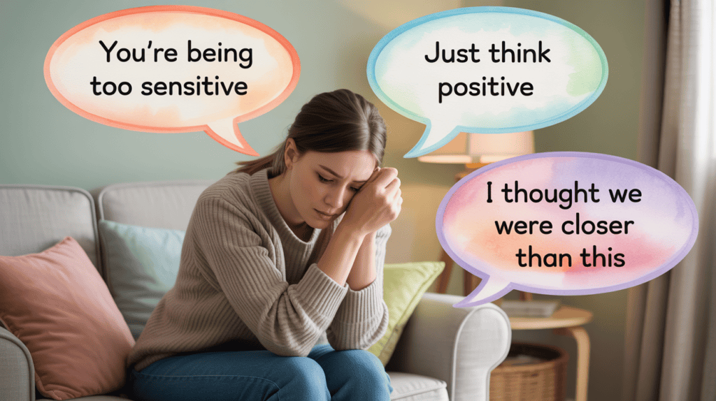 Woman looks overwhelmed surrounded by speech bubbles like “You’re being too sensitive”—shows boundary challenges in pregnancy.