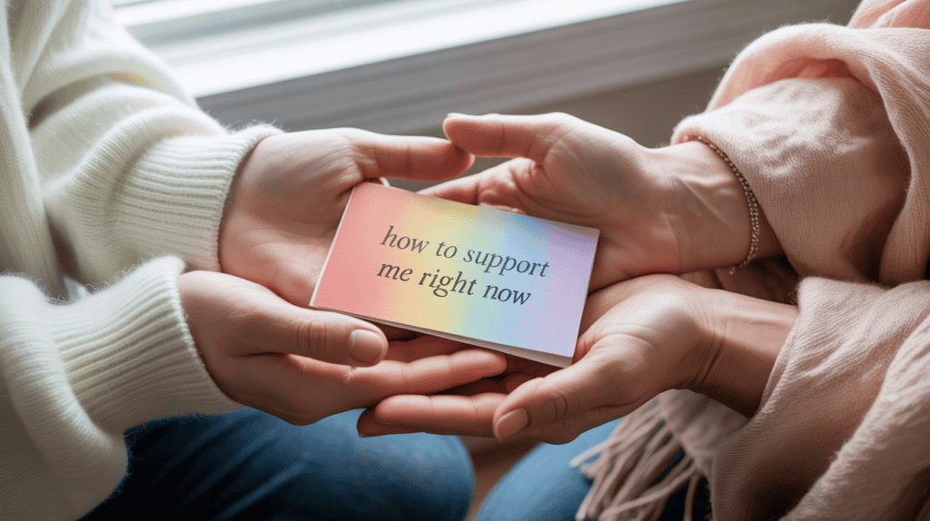 Two people hold a rainbow pastel card reading “how to support me right now”—warm hands and soft clothing evoke care and connection.