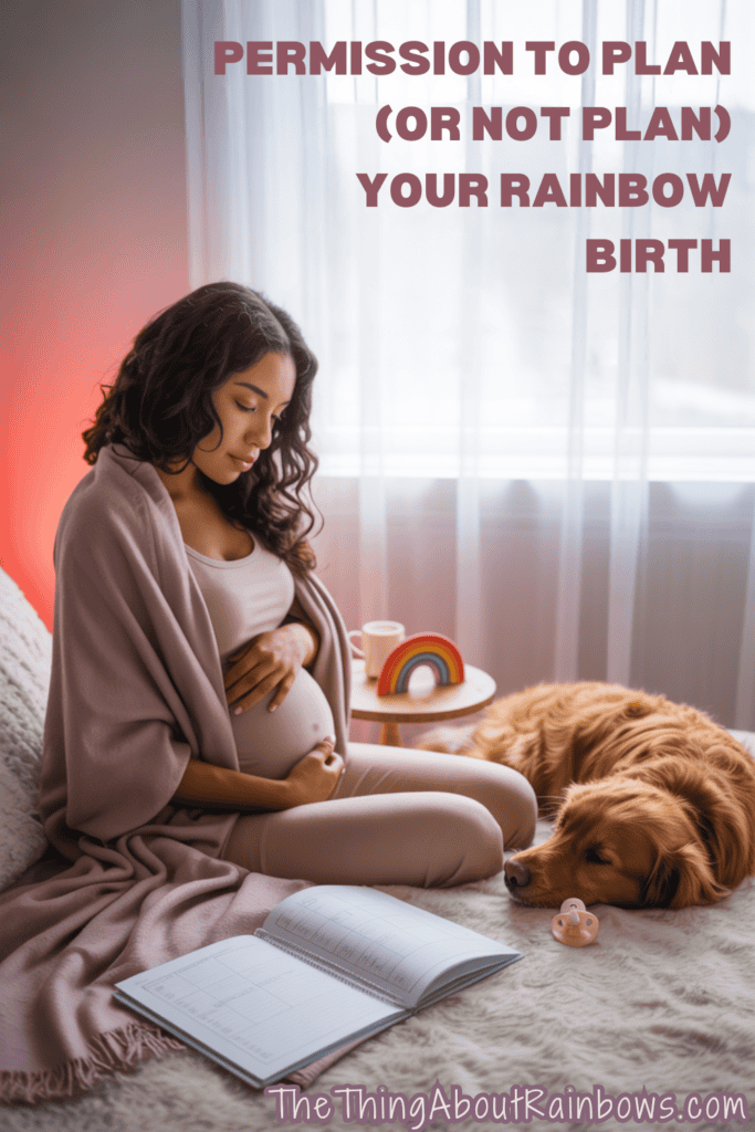 Pregnant woman rests hand on belly while journaling near a rainbow decor and dog, symbolizing rainbow birth reflection