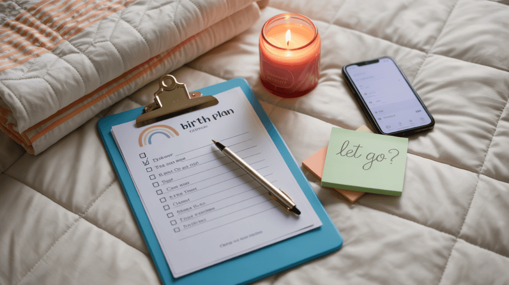 Rainbow birth plan with pen and “let go?” note on cozy bed, showing control vs. surrender during rainbow pregnancy