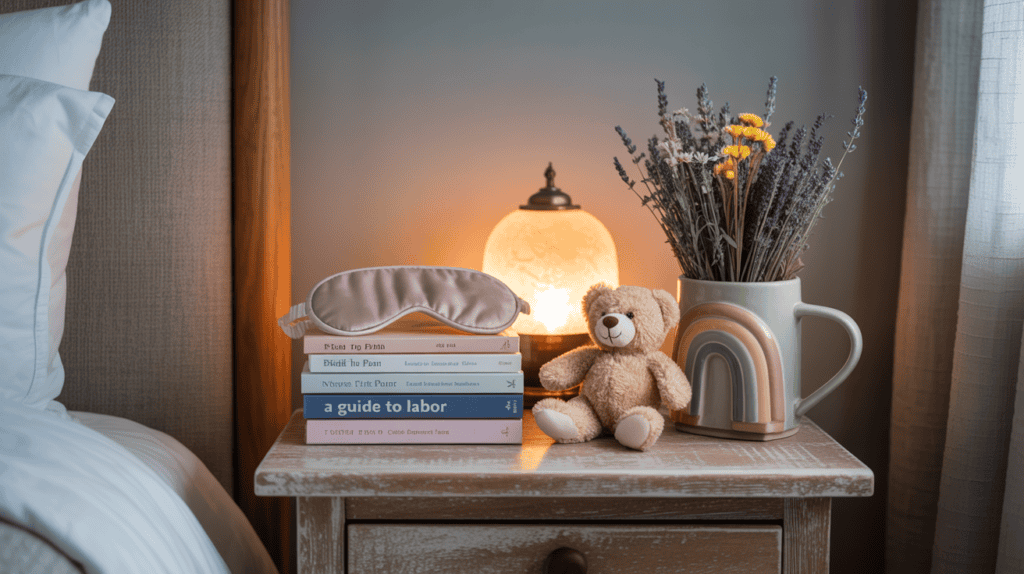 Bedside table with birth prep books, rainbow mug of flowers, teddy bear, and sleep mask under warm light