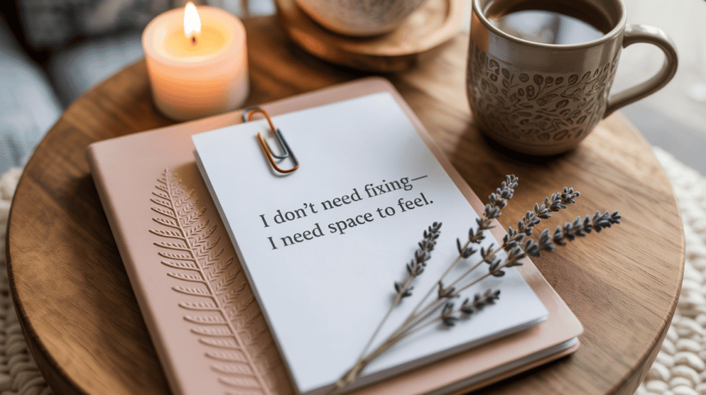 Notebook page reads “I need space to feel,” styled with lavender, candle, and tea—evokes gentle boundary setting.