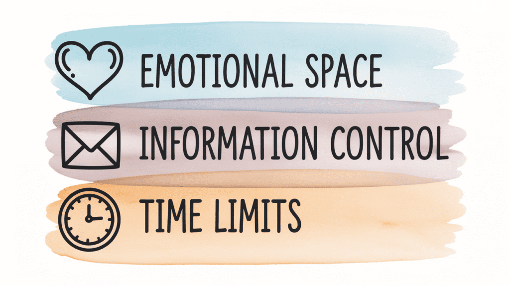 Pastel brush strokes with icons and text: emotional space, information control, time limits—visual for rainbow pregnancy needs